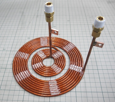 Induction heating, Induction Heating coils, A copper tube (copper pipe) allows water to pass through for cooling, so it is OK to run battery profusely!!  The insulation between turns is protected with Kapton.