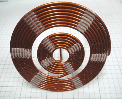 Induction heating, Induction Heating coils, A copper tube (copper pipe) allows water to pass through for cooling, so it is OK to run battery profusely!!  The insulation between turns is protected with Kapton.